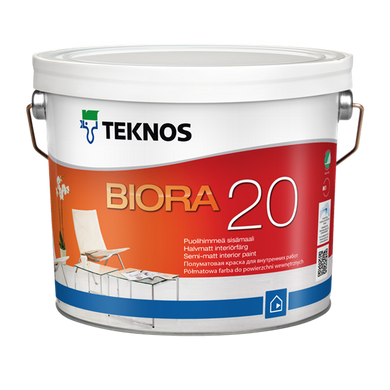 Акрилатная краска для стен и потолка Teknos BIORA 20 2.7 (L.), Краска, Для внутренних стен и потолков, M1 классификация,Экологическая маркировка ,Символ Ассоциации аллергиков и астматиков (Финляндия). Выдерживает более 5000 проходов щеткой, Акрилатная, BIORA 20 особенно хорошо подходит для покраски стен и потолков на кухне, в прихожих, на лестницах, а также в детских и классных помещениях. Краской BIORA 20 можно окрашивать бетонные, оштукатуренные, зашпатлеванные, кирпичные, а также поверхности из строи