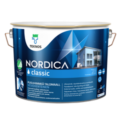 Kраска для деревянных  домов Teknos NORDICA CLASSIС 0.9 (L.), Краска, Для новых и ранее окрашенных акрилатными красками деревянных поверхностей, например, наружных стен, подшивных досок и наличников, Очень хорошая, Для обеспечения однородности поверхности, следует подготовить достаточно количество краски в одну емкость.Тщательно перемешать краску и наносить кистью, малярной щеткой или распылителем в 1 - 2 слоя., Подходит также для ремонтной окраски большинства ранее окрашенных масляной и алкидной краской поверхностей, находящихся в хорошем состоянии.Для поверхностей из бревна рекомендуется WOODEX AQUA CLASSIC лессирующий антисептик.