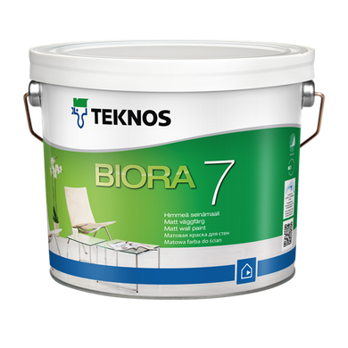 Акрилатная краска для стен Teknos BIORA 7 9.0 (L.), Краска, Водоразбавляемая матовая акрилатная краска для внутренних стен., Выдерживает более 5000 проходов щеткой. M1 классификация,Экологическая маркировка ,Символ Ассоциации аллергиков и астматиков (Финляндия)., Акрилатная, BIORA 7 подходит для покраски бетонных, оштукатуренных, зашпатлеванных и кирпичных поверхностей, а также древесно-стружечных и др. плит.