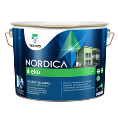 Акриловая, фасадная краска Teknos NORDICA EKO 9.0 (L.), Краска, Для новых и ранее окрашенных акрилатными красками деревянных поверхностей, например, для наружных стен, облицовочных досок, навесов и для оконных переплетов., Очень хорошая, Для обеспечения однородности поверхности, следует подготовить достаточное количество краски в одну емкость. Тщательно перемешать краску и наносить кистью, малярной щеткой или распылителем в 1 - 2 слоя, Акрилатная, Ранее окрашенные масляной и алкидной краской поверхности, находящиеся в хорошем состоянии. Для конструкций из бревна рекомендуется WOODEX AQUA CLASSIC лессирующий антисептик.